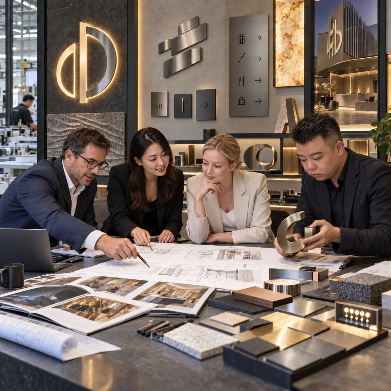 International clients and RBS team reviewing a custom signage project